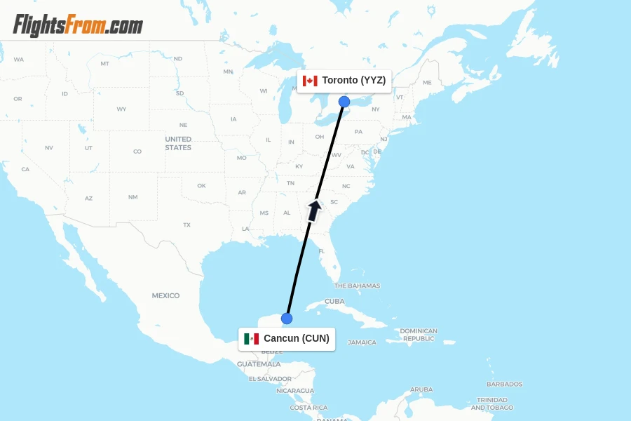 Flights from Cancun to Toronto route map
