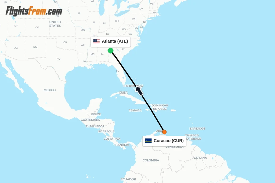 Flights from Curacao to Atlanta route map