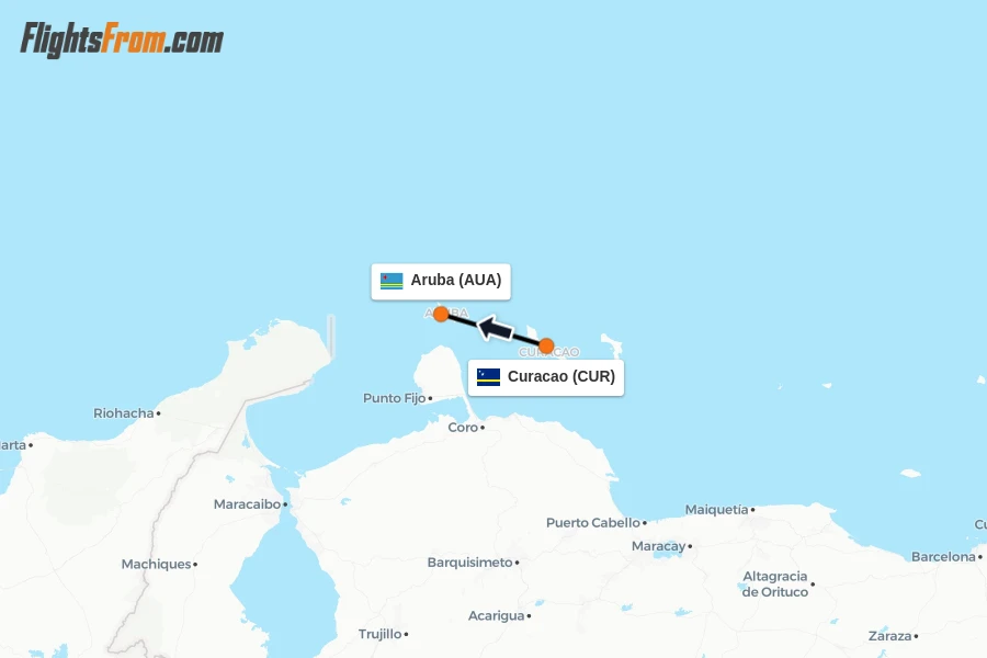 Flights from Curacao to Aruba route map