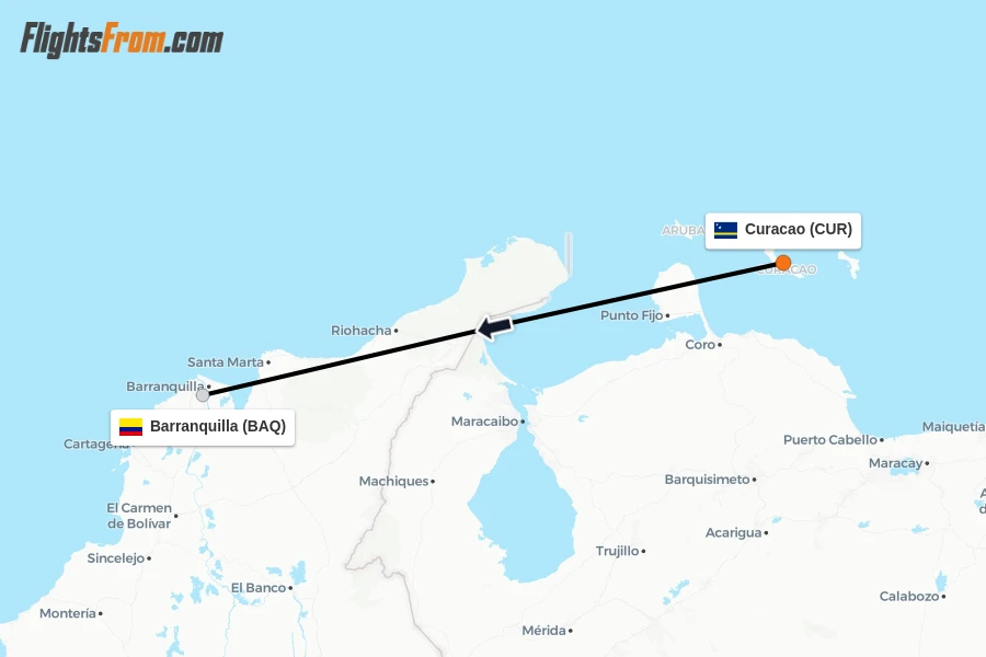 Flights from Curacao to Barranquilla route map