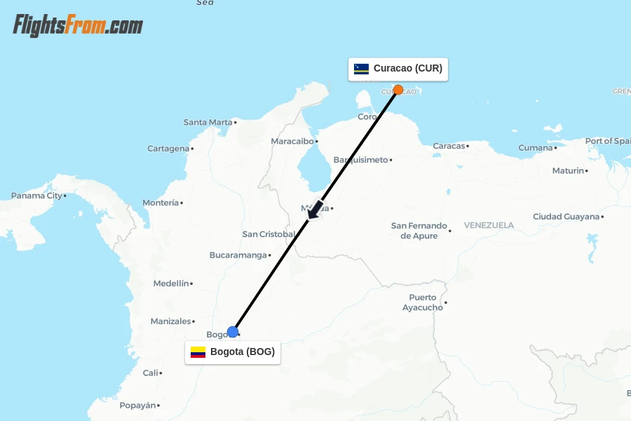 Flights from Curacao to Bogota route map