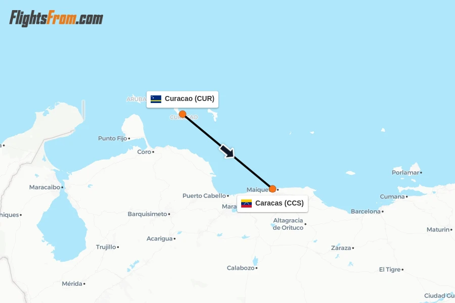 Flights from Curacao to Caracas route map