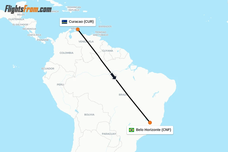 Flights from Curacao to Belo Horizonte route map