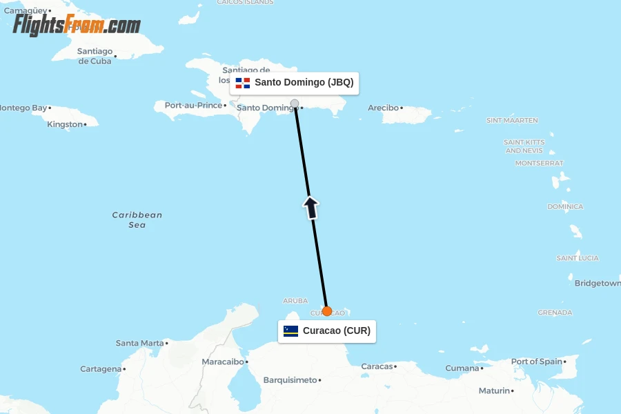 Flights from Curacao to Santo Domingo route map