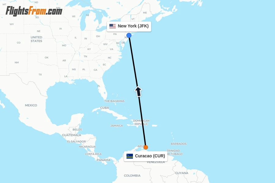Flights from Curacao to New York route map