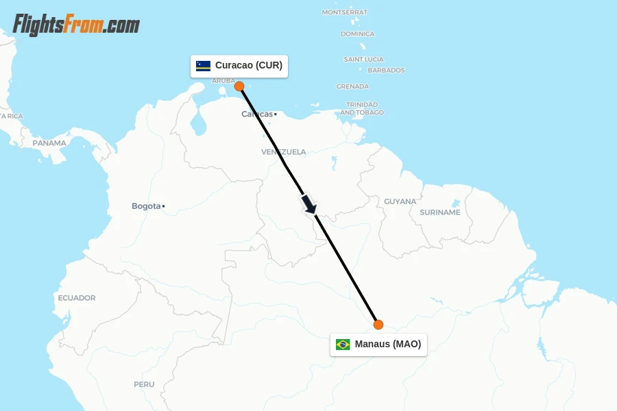 Flights from Curacao to Manaus route map
