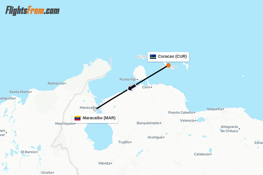 Flights from Curacao to Maracaibo route map