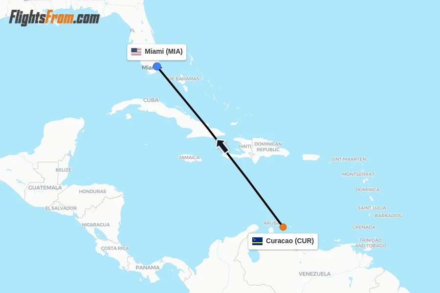 Flights from Curacao to Miami route map