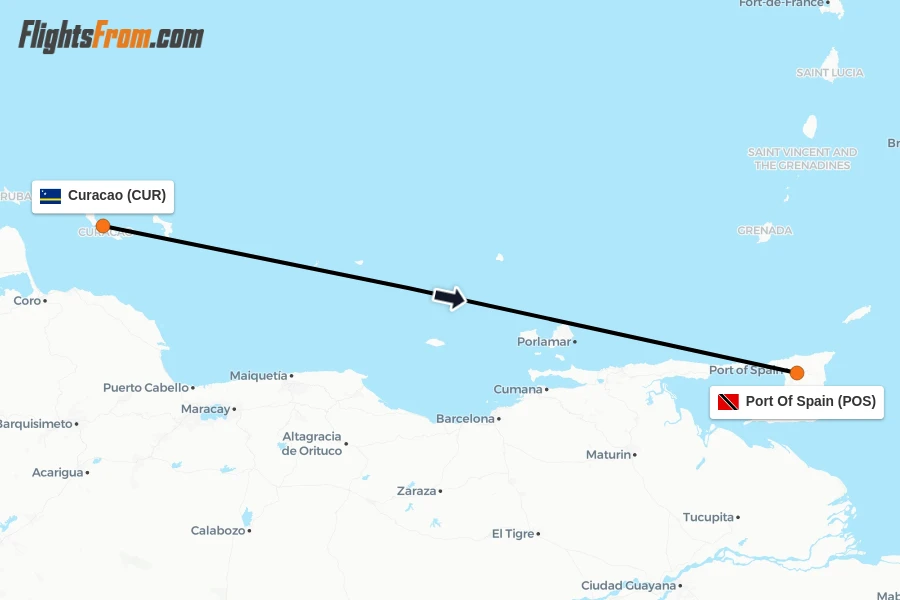 Flights from Curacao to Port Of Spain route map