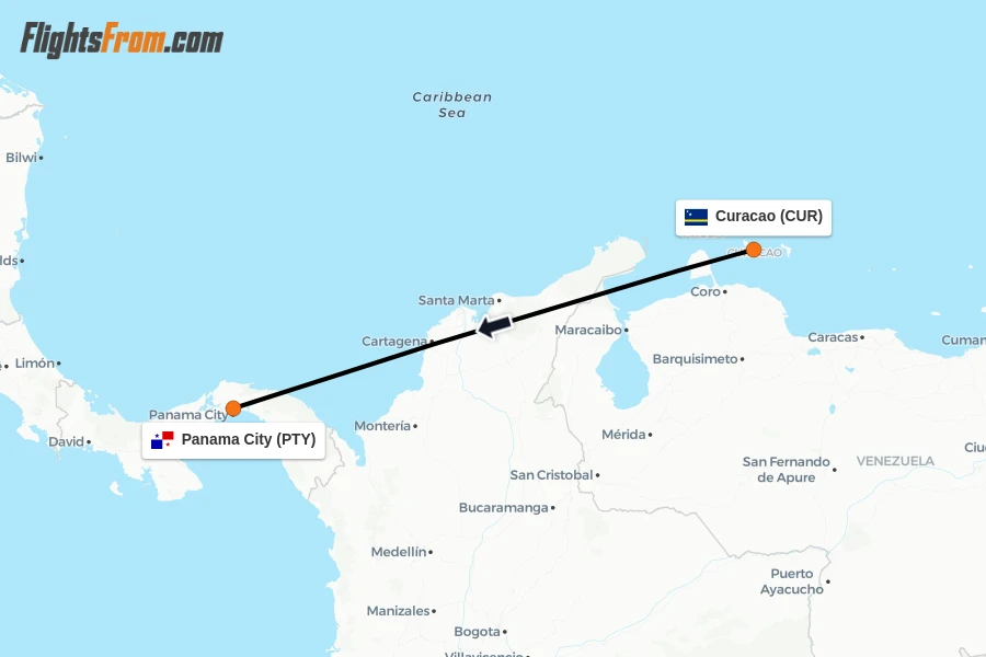 Flights from Curacao to Panama City route map