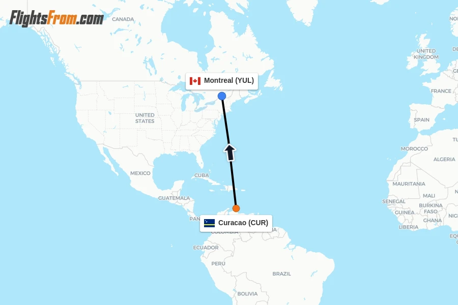 Flights from Curacao to Montreal route map