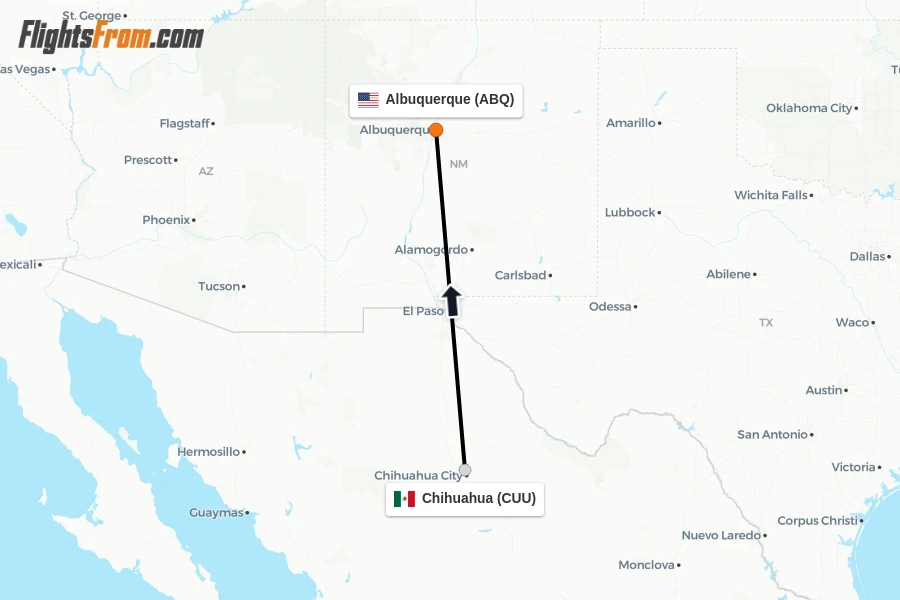 Flights from Chihuahua to Albuquerque route map