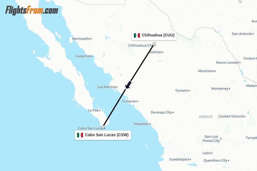 Flights from Chihuahua to Cabo San Lucas route map