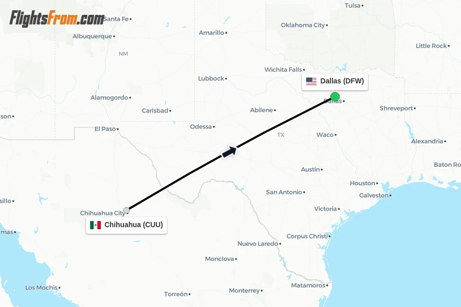 Flights from Chihuahua to Dallas route map