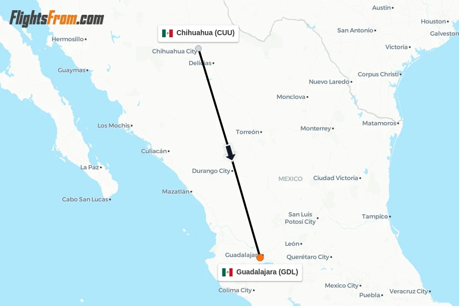 Flights from Chihuahua to Guadalajara route map