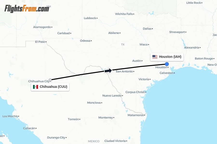 Flights from Chihuahua to Houston route map