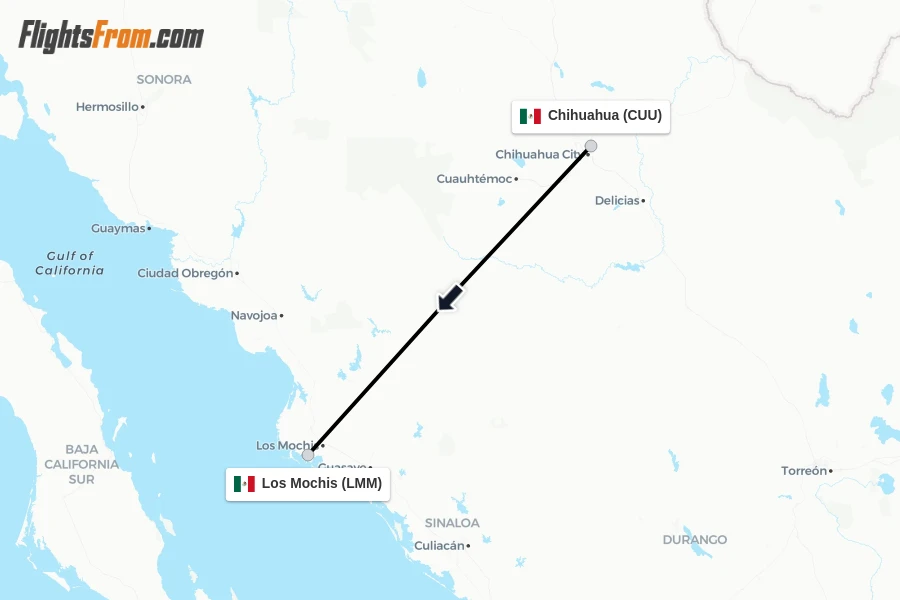 Flights from Chihuahua to Los Mochis route map
