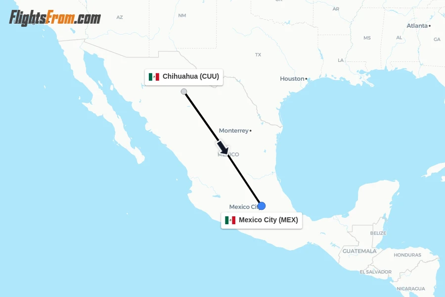 Flights from Chihuahua to Mexico City route map