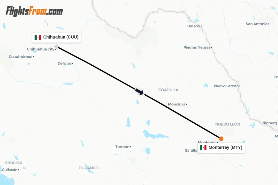 Flights from Chihuahua to Monterrey route map