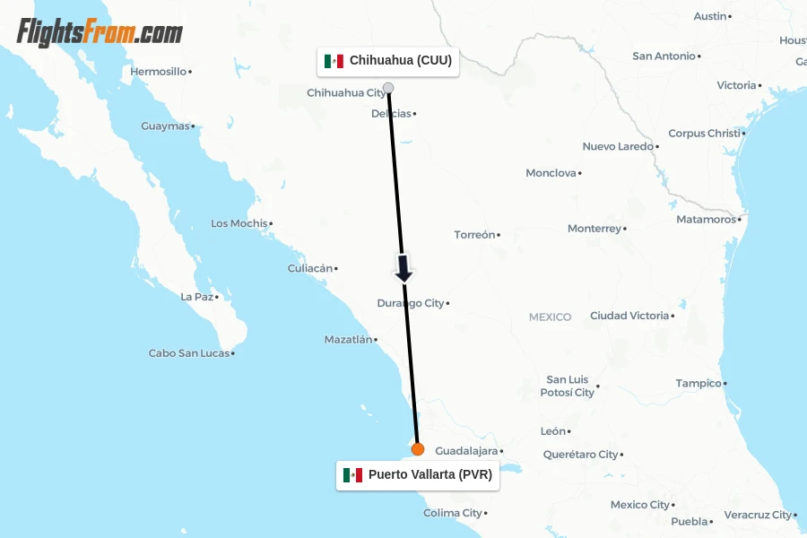 Flights from Chihuahua to Puerto Vallarta route map