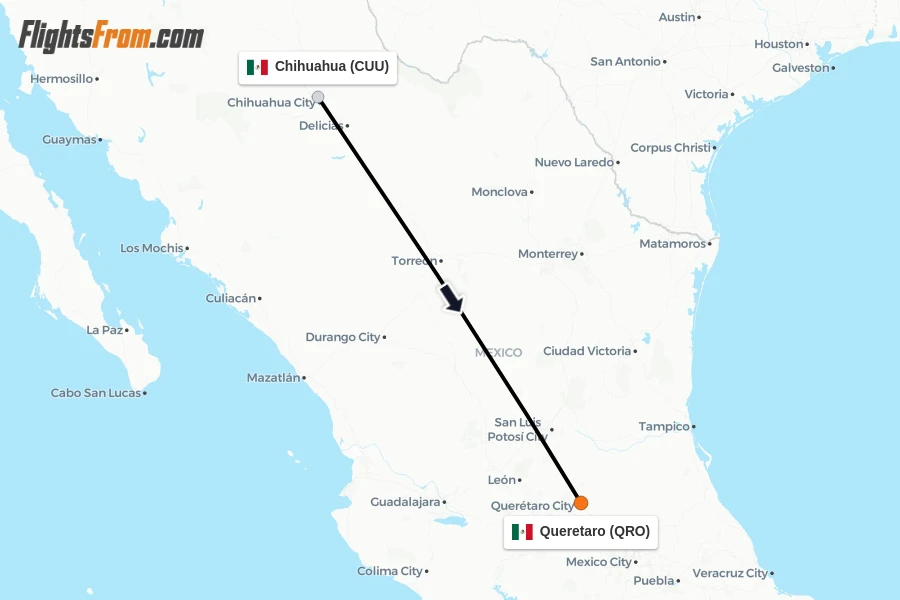 Flights from Chihuahua to Queretaro route map