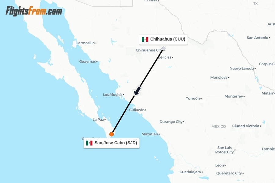 Flights from Chihuahua to San Jose Cabo route map