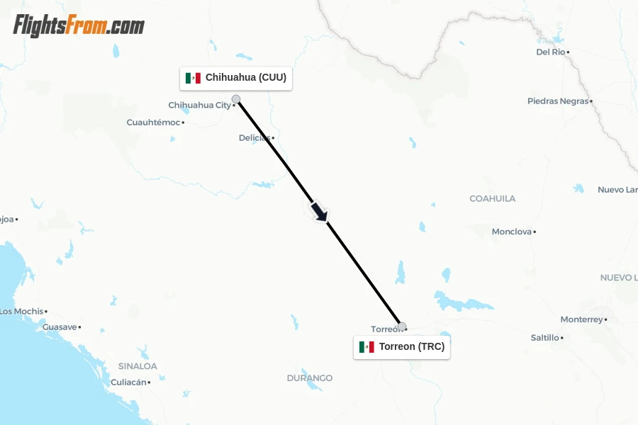 Flights from Chihuahua to Torreon route map