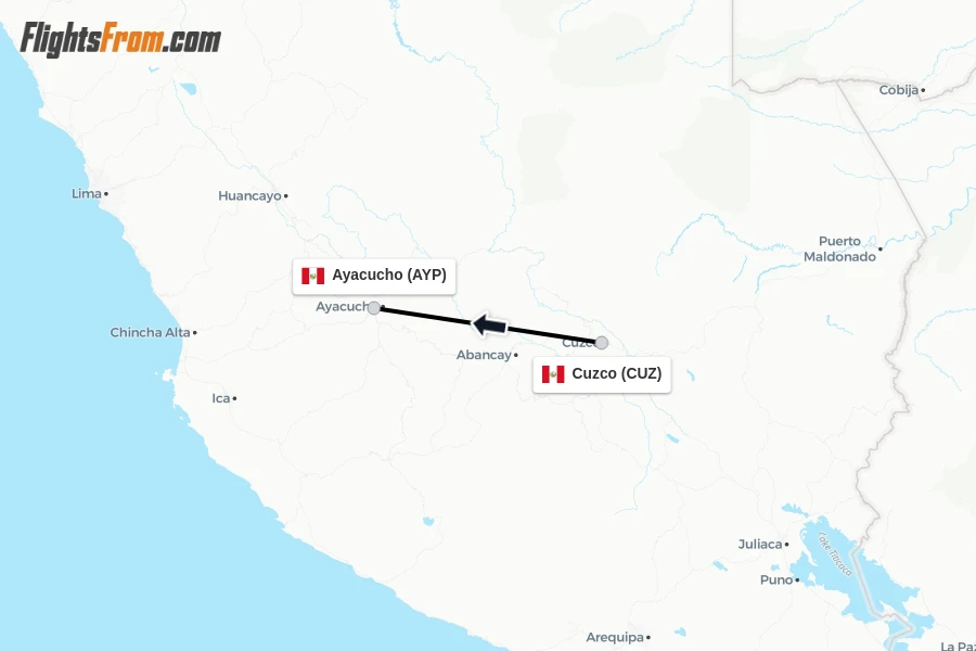 Flights from Cuzco to Ayacucho route map