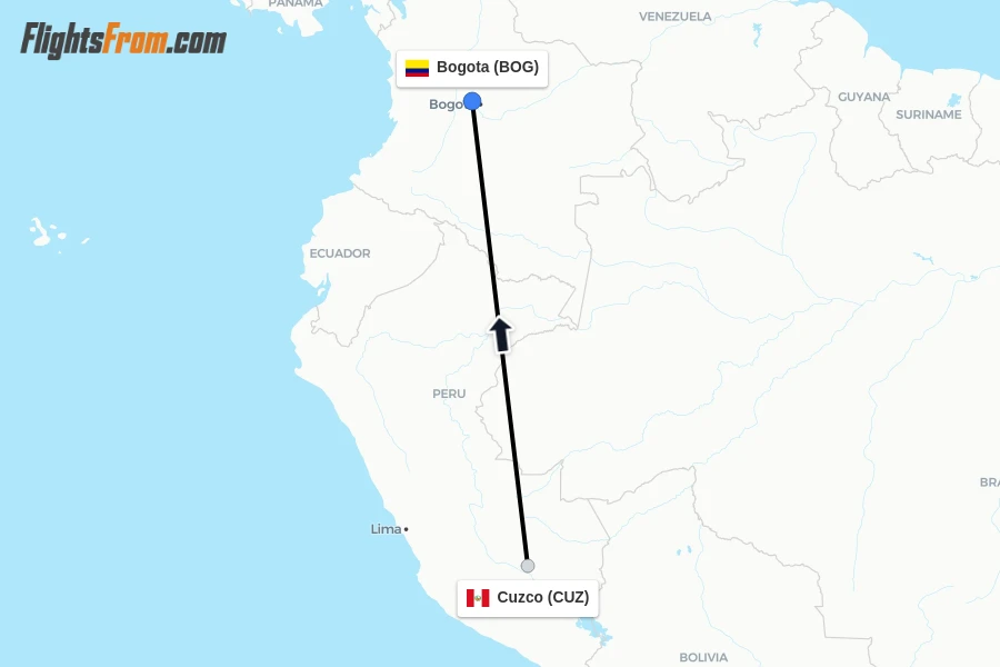 Flights from Cuzco to Bogota route map