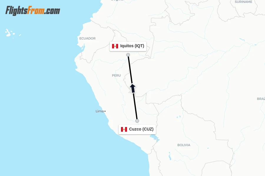 Flights from Cuzco to Iquitos route map