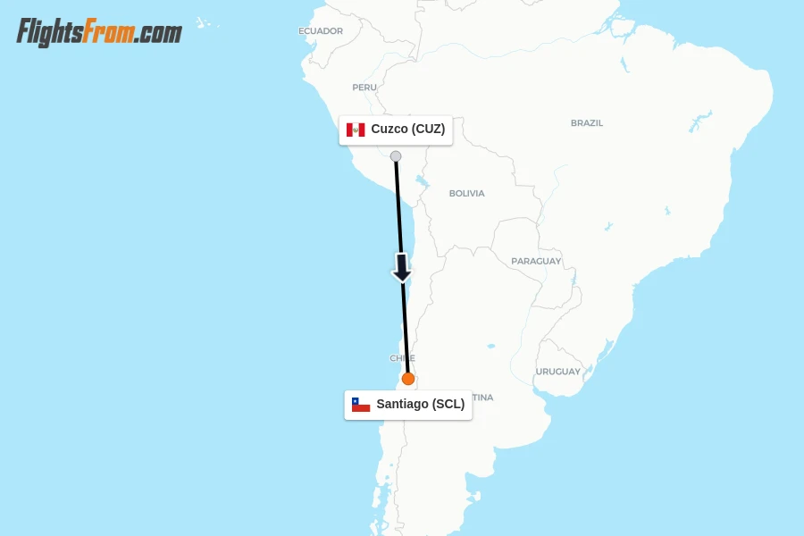 Flights from Cuzco to Santiago route map