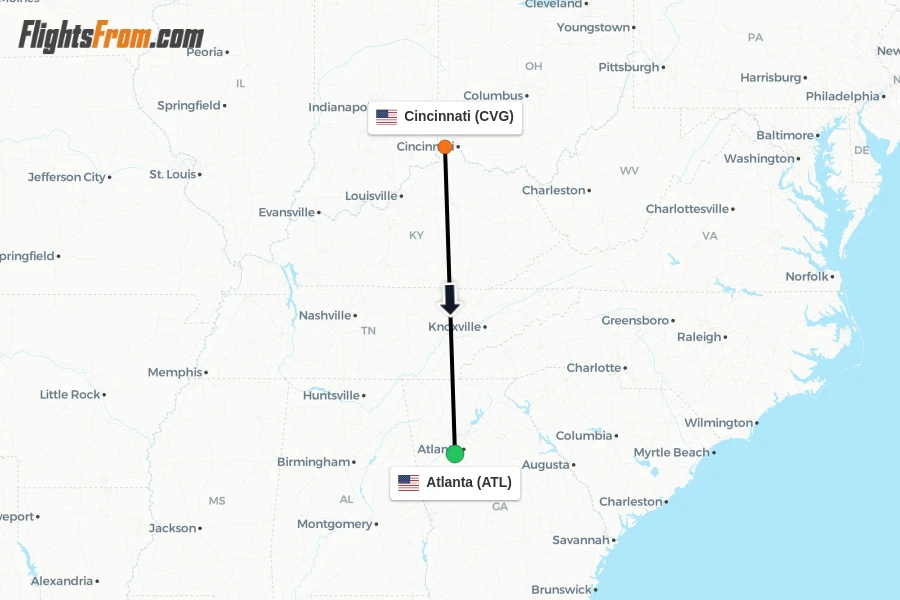 Flights from Cincinnati to Atlanta route map
