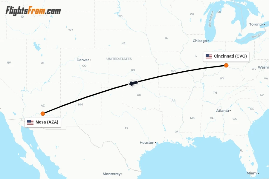 Flights from Cincinnati to Mesa route map