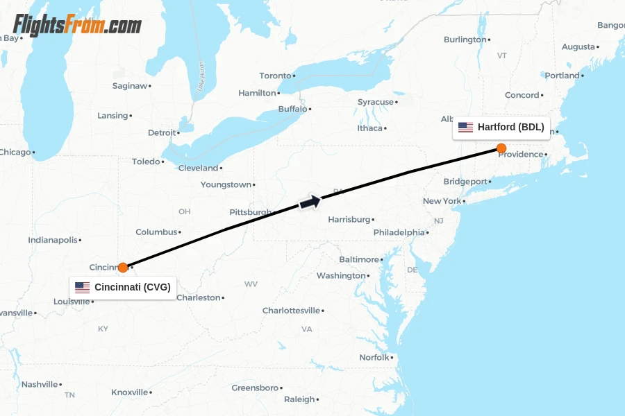Flights from Cincinnati to Hartford route map