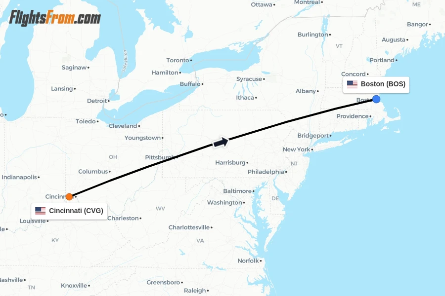 Flights from Cincinnati to Boston route map