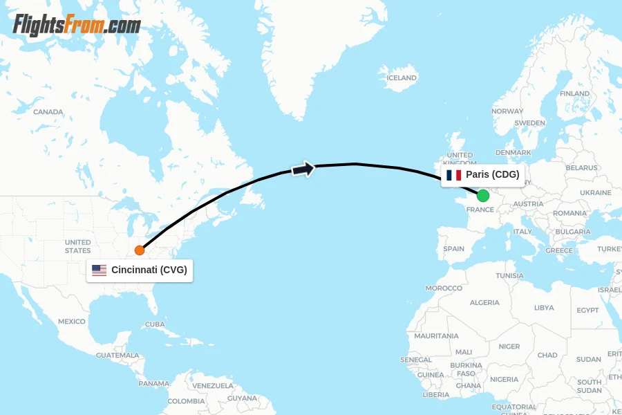 Flights from Cincinnati to Paris route map