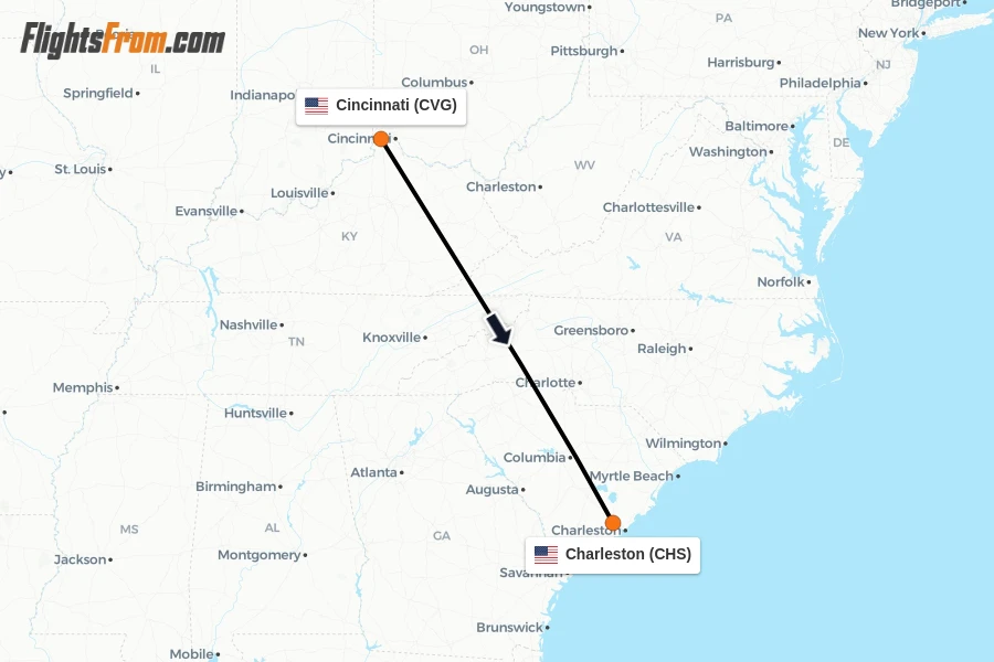Flights from Cincinnati to Charleston route map