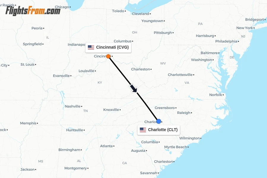 Flights from Cincinnati to Charlotte route map