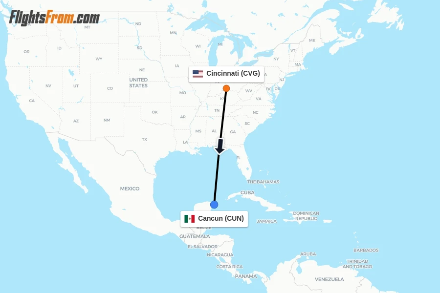 Flights from Cincinnati to Cancun route map
