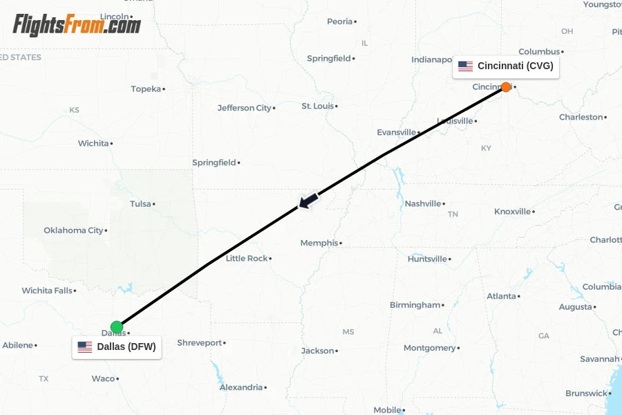 Flights from Cincinnati to Dallas route map
