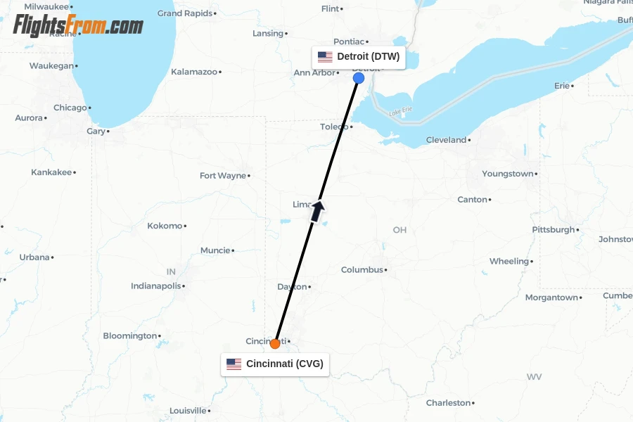 Flights from Cincinnati to Detroit route map