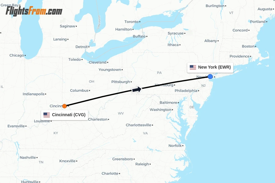 Flights from Cincinnati to New York route map