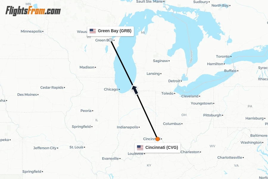 Flights from Cincinnati to Green Bay route map