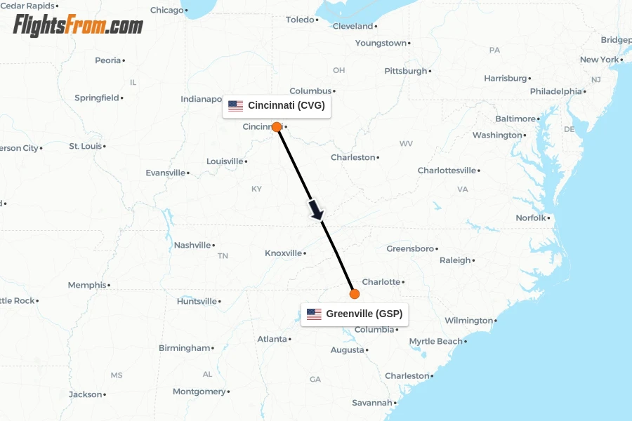 Flights from Cincinnati to Greenville route map