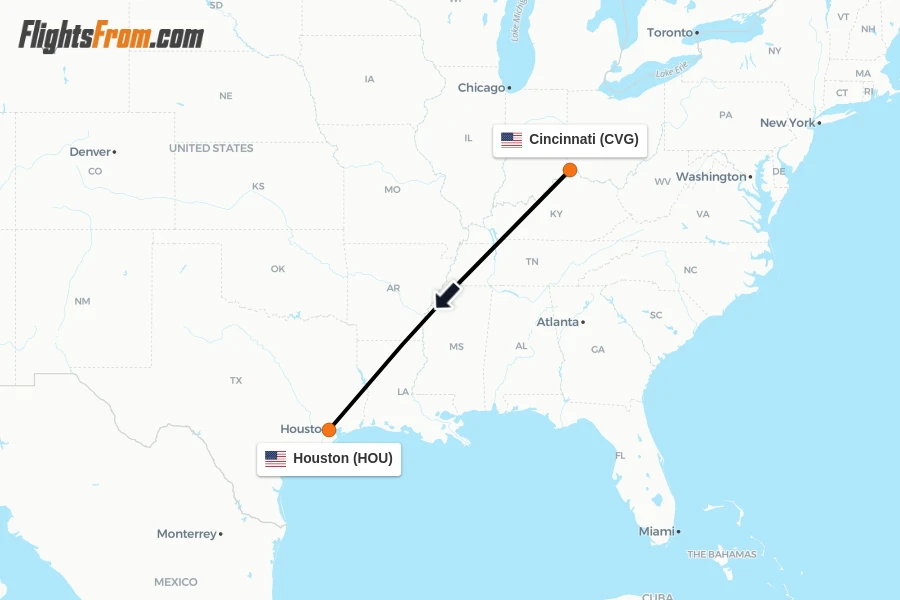 Flights from Cincinnati to Houston route map