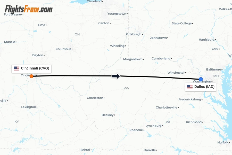 Flights from Cincinnati to Dulles route map