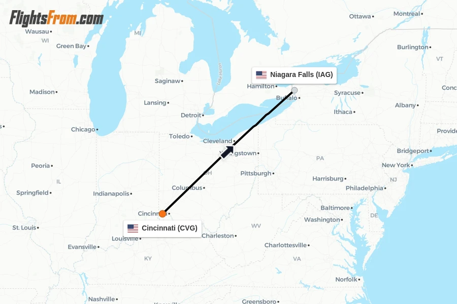 Flights from Cincinnati to Niagara Falls route map