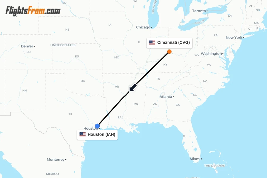 Flights from Cincinnati to Houston route map