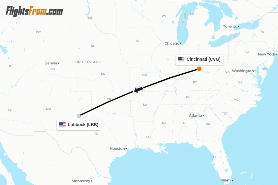 Flights from Cincinnati to Lubbock route map
