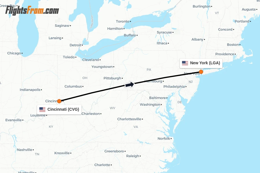 Flights from Cincinnati to New York route map